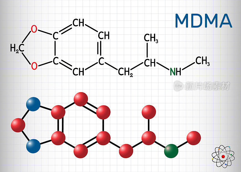 3,4-亚甲基二氧甲基苯丙胺，MDMA, XTC，摇头丸分子。它是一种精神药物，迷幻药。结构化学式和分子模型。笼子里的一张纸